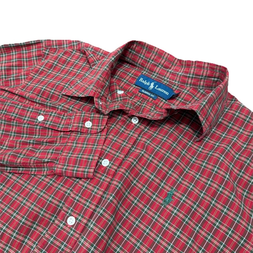 VTG Polo Ralph Lauren Classic Fit Mens L Green/Red Plaid Pony Shirt Button Down